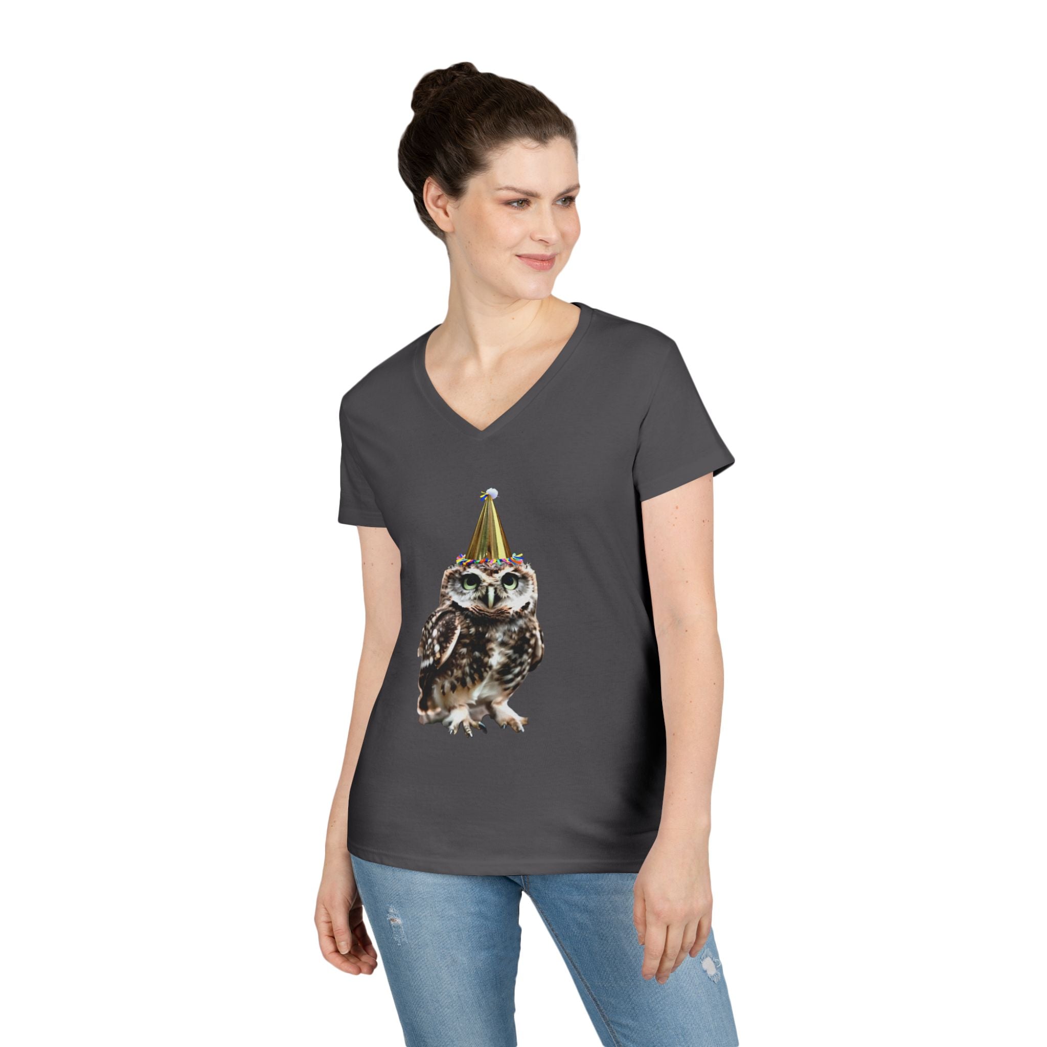 Birthday Owl V-Neck Tee — Cute Party Hat Owl Graphic T-Shirt for Women