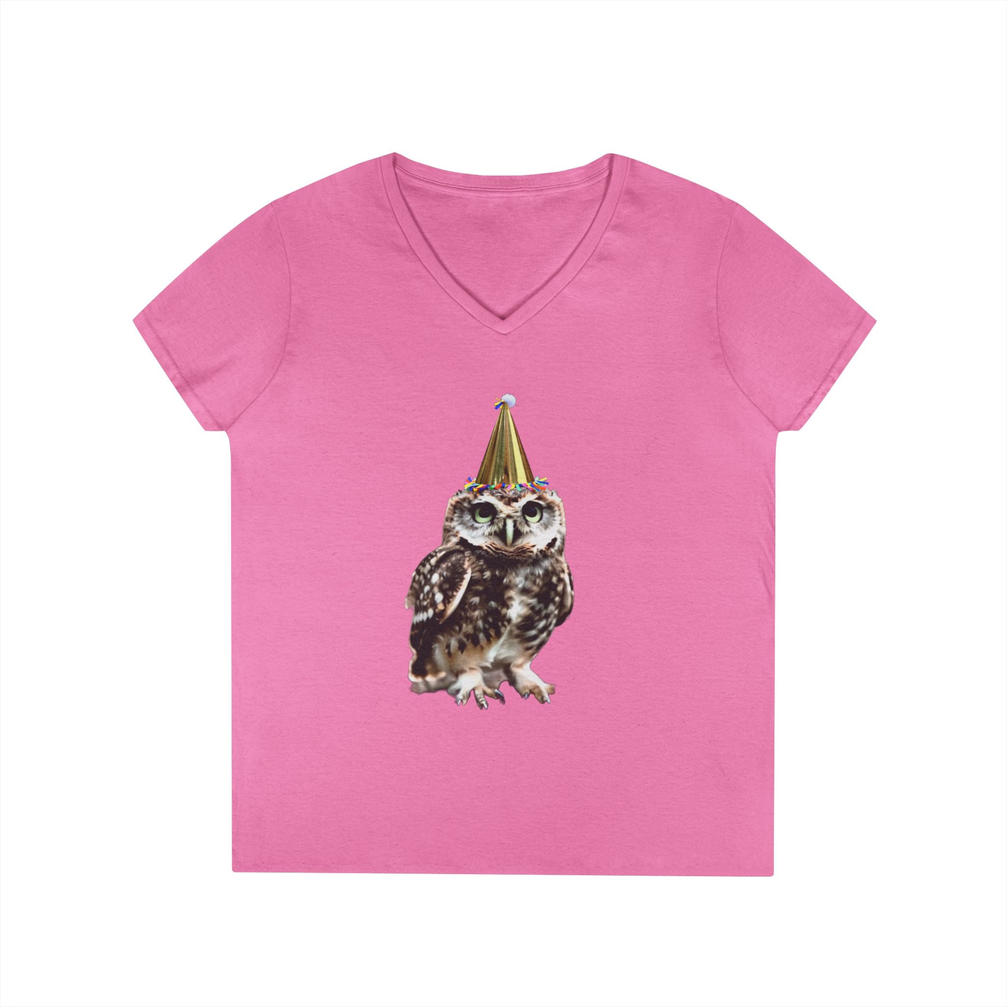Birthday Owl V-Neck Tee — Cute Party Hat Owl Graphic T-Shirt for Women