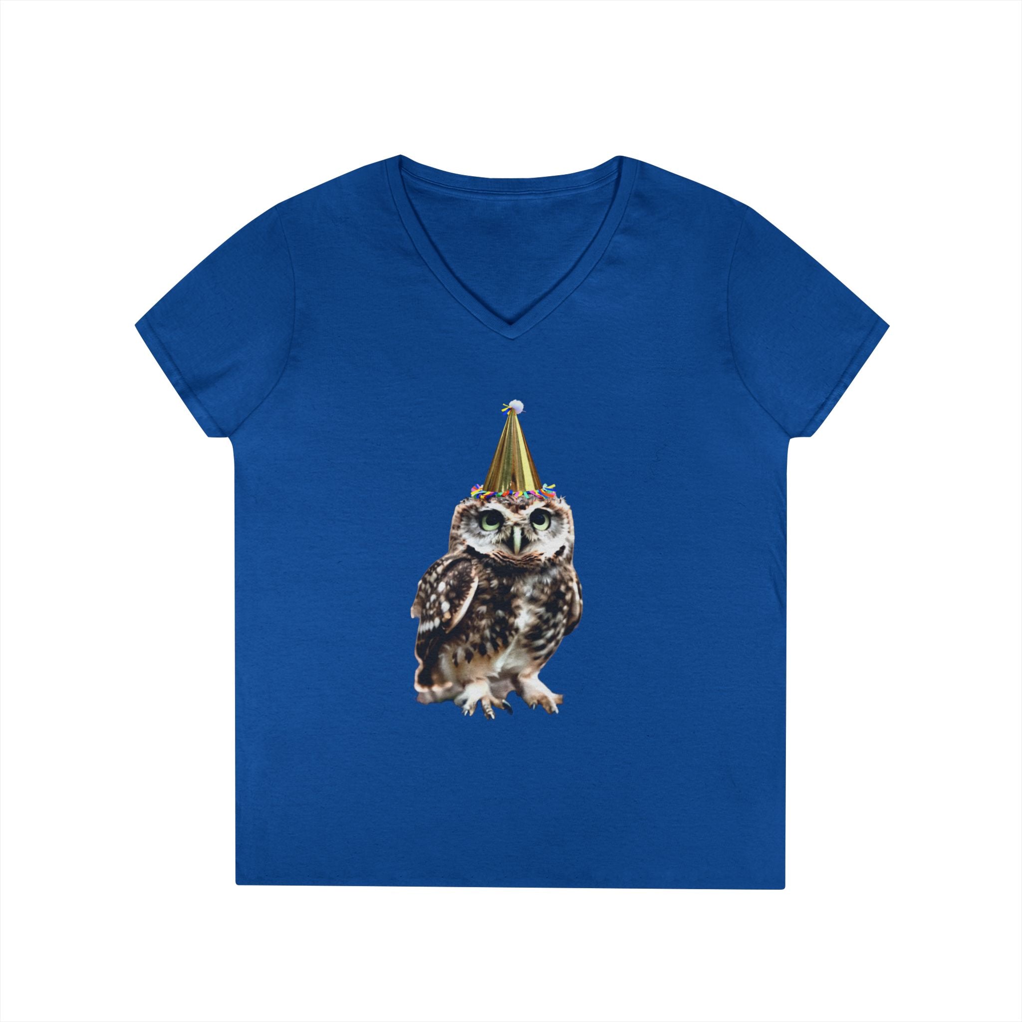 Birthday Owl V-Neck Tee — Cute Party Hat Owl Graphic T-Shirt for Women