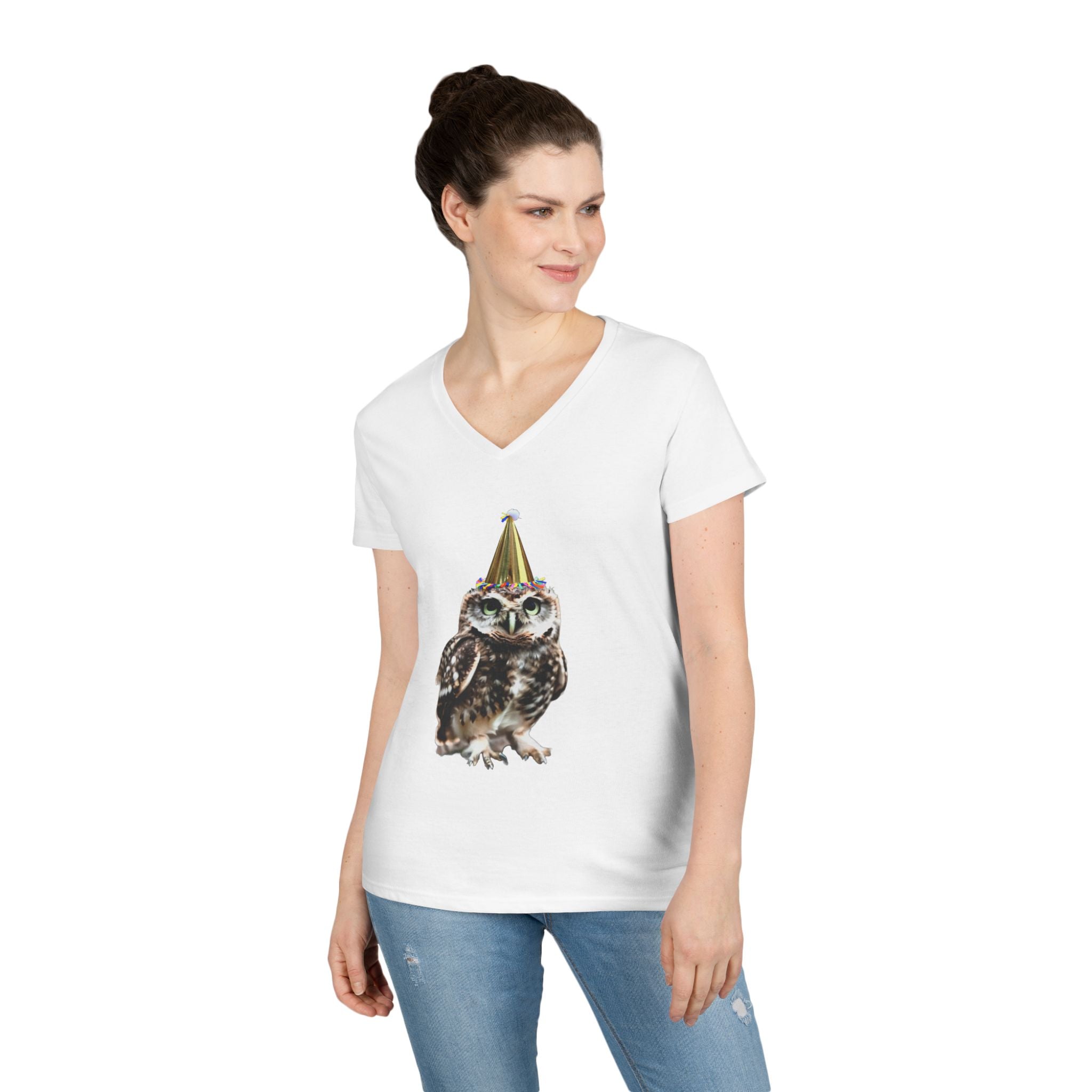 Birthday Owl V-Neck Tee — Cute Party Hat Owl Graphic T-Shirt for Women