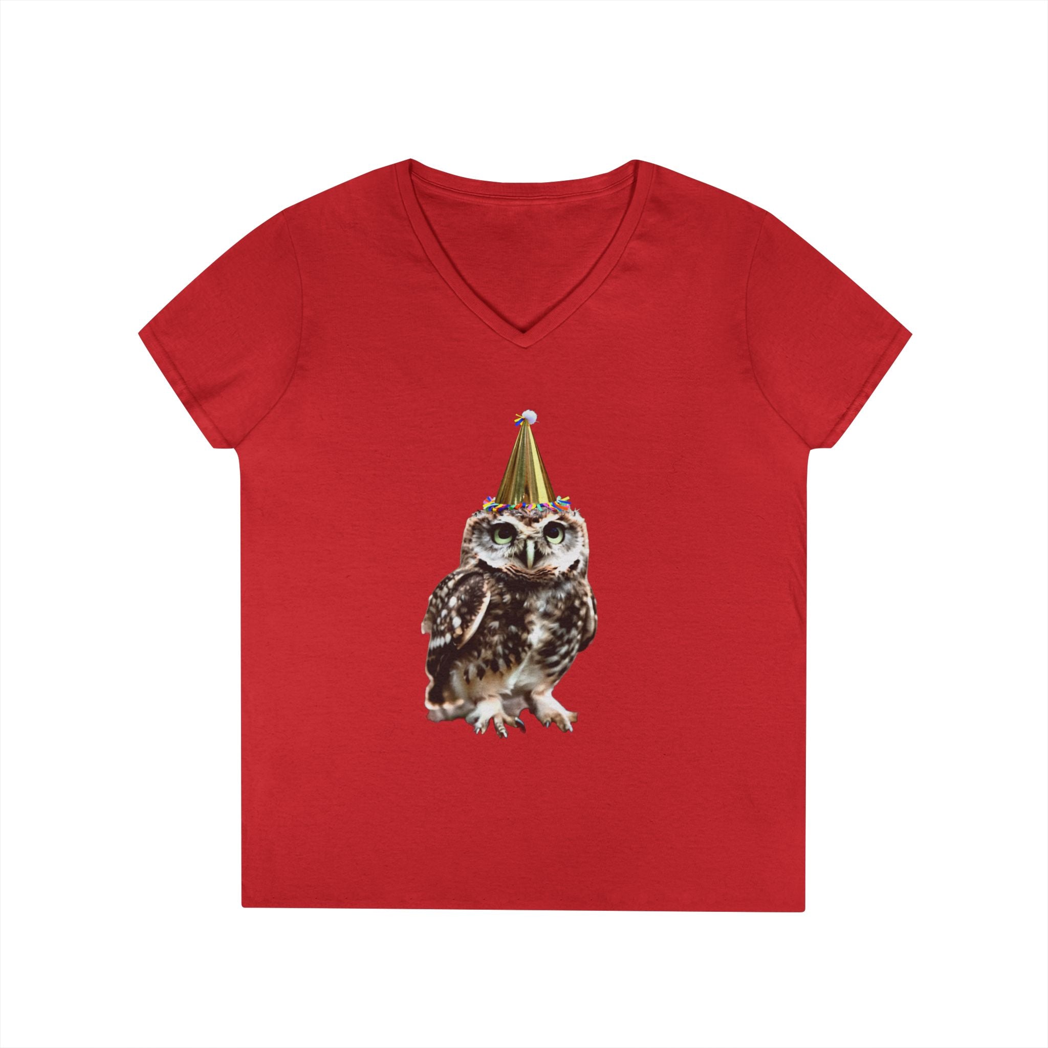 Birthday Owl V-Neck Tee — Cute Party Hat Owl Graphic T-Shirt for Women