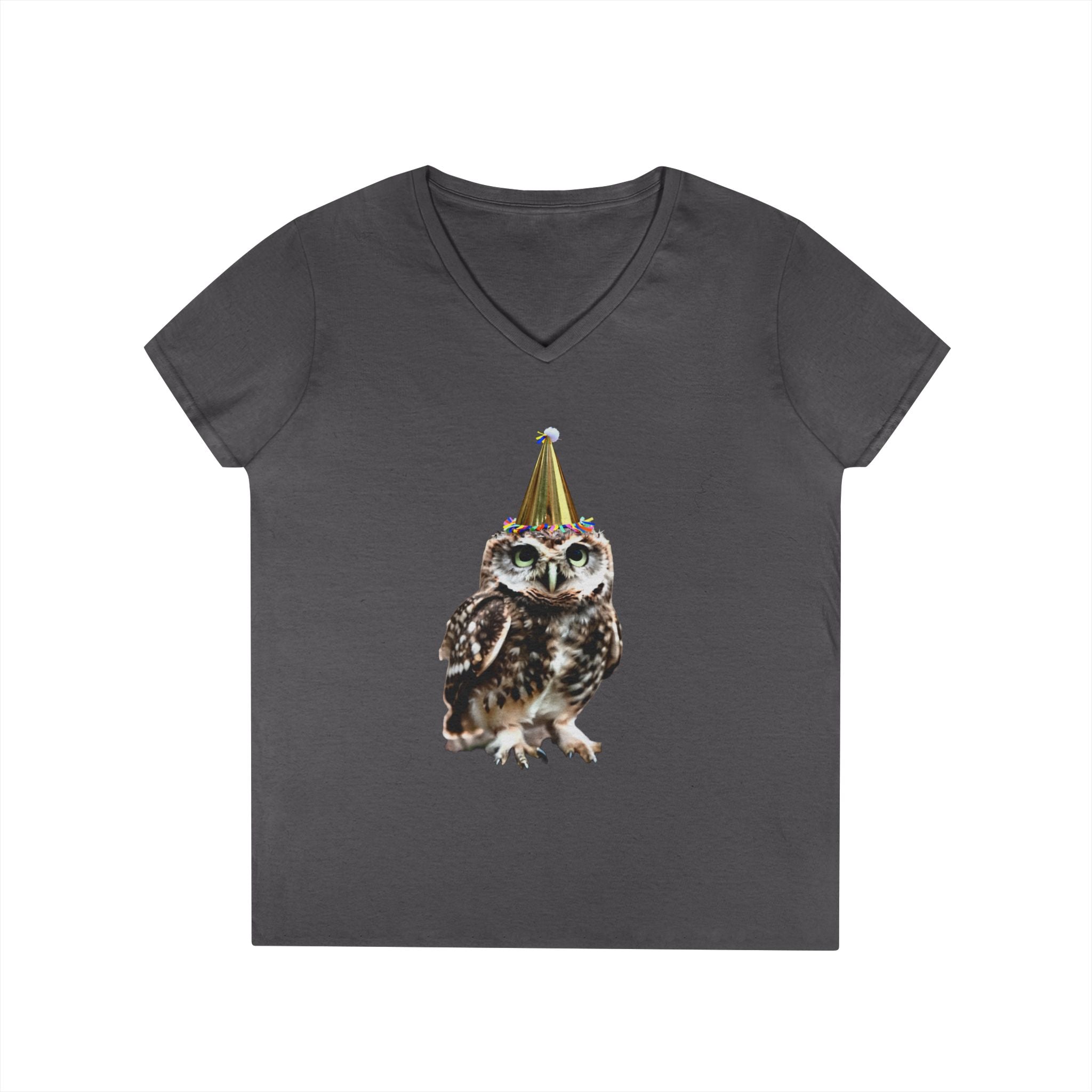 Birthday Owl V-Neck Tee — Cute Party Hat Owl Graphic T-Shirt for Women