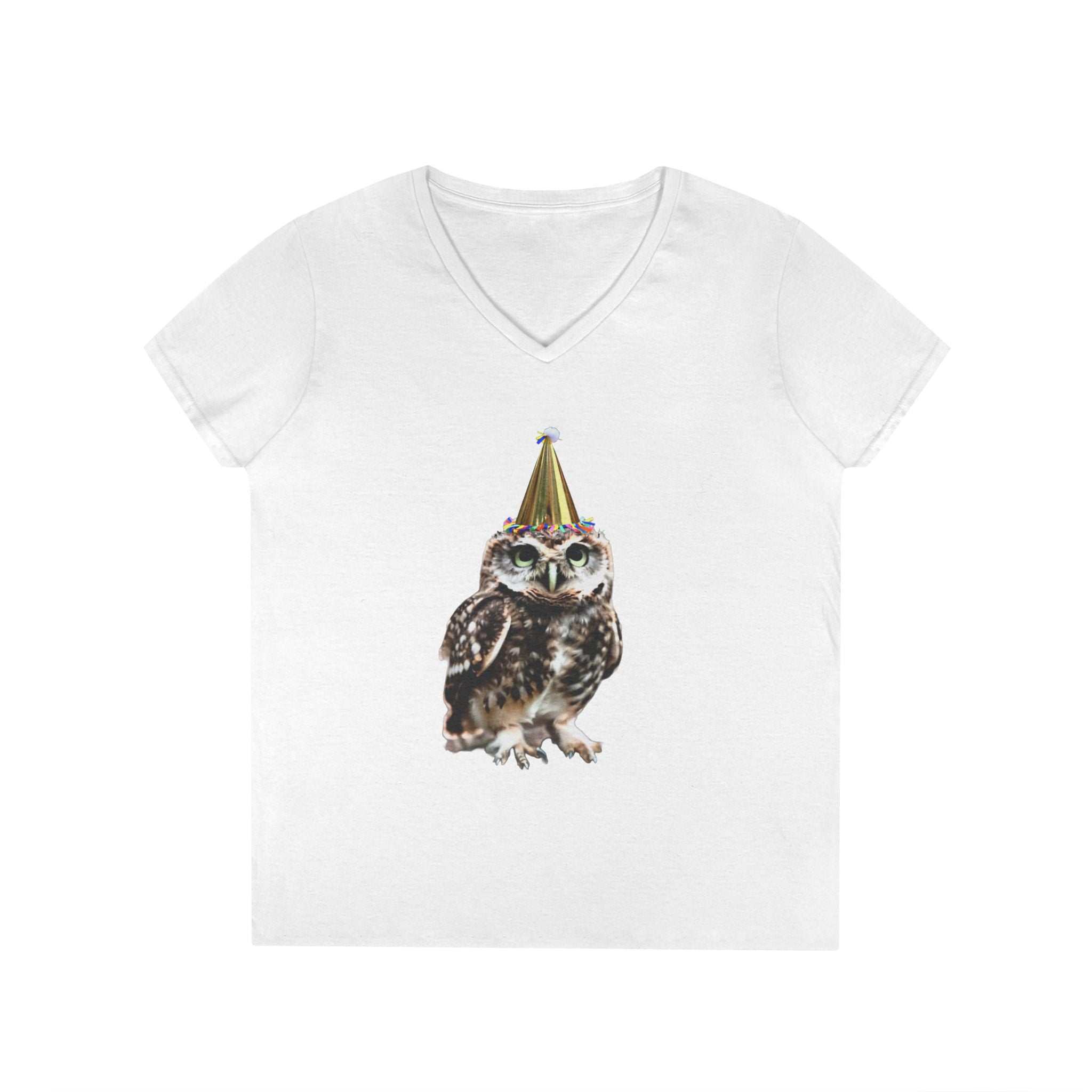 Birthday Owl V-Neck Tee — Cute Party Hat Owl Graphic T-Shirt for Women